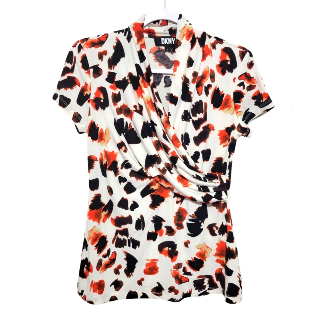 DKNY Women's Printed Faux-Wrap Top Small - Picture 2 of 6